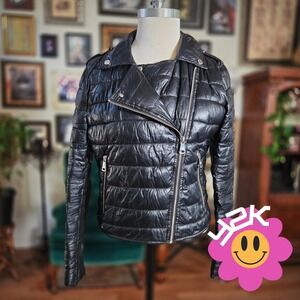Vintage Y2K DKNY JEANS Black Quilted Moto Puffer Jacket Asymmetrical Zip Women
